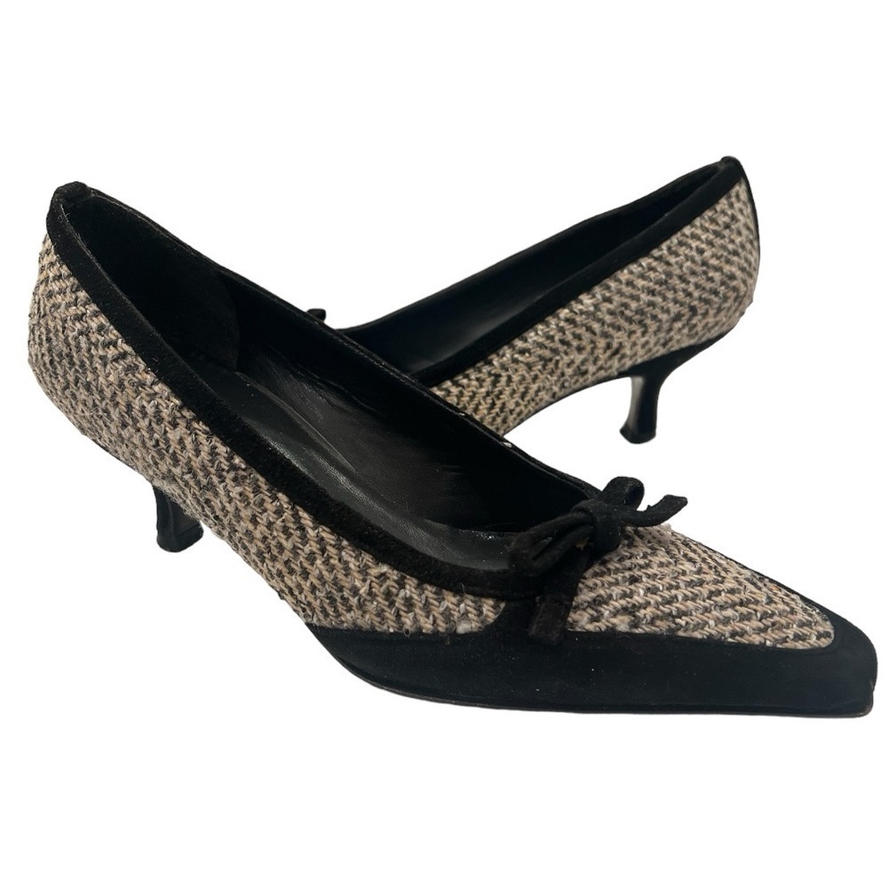 Stuart Weitzman Black Bow Tweed Snip Toe Slip-On Dress Heels shoes Women's 5 M